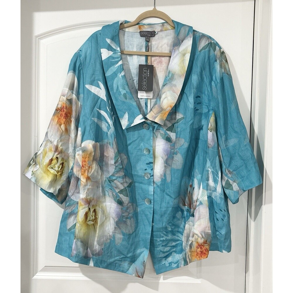 Ulla Popken Linen Blouse Size 30 Blue Floral Resort Cruise Coastal Summer NEW